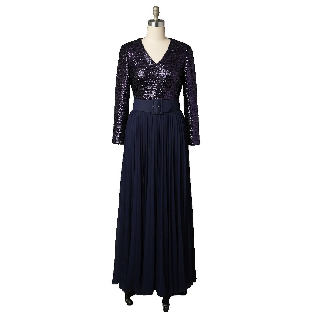 Vintage Joseph Magnin evening gown dress Blue  S/M Sequin bodice pleated